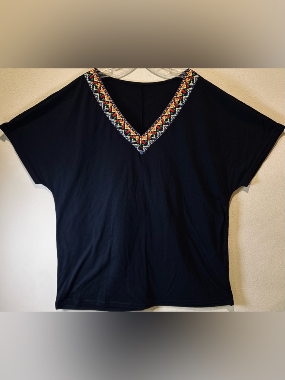 SHEIN Curve 2XL Black Embroidered V-Neck Dolman Short Sleeve Boho Blouse Top